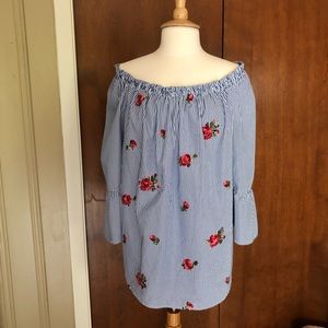 Striped Blouse with Embroidered Flowers